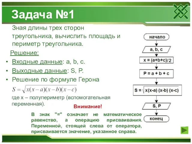 Задача №1 Зная длины трех сторон треугольника, вычислить площадь и периметр