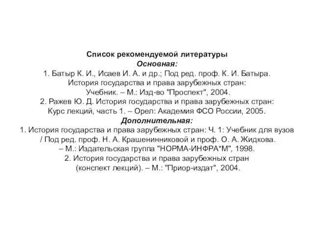 Список рекомендуемой литературы Основная: 1. Батыр К. И., Исаев И. А.