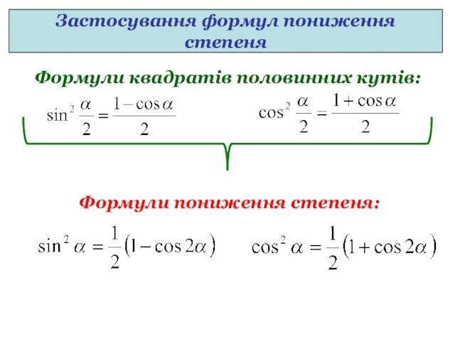 Формули квадратів половинних кутів: Формули пониження степеня: Застосування формул пониження степеня