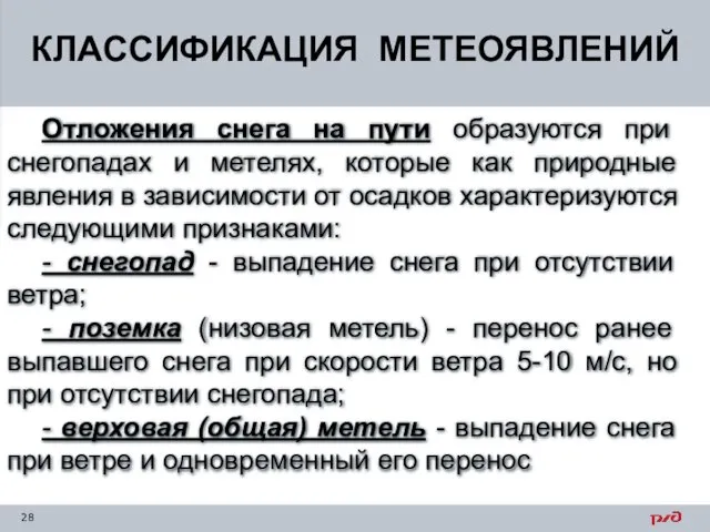 Отложения снега на пути образуются при снегопадах и метелях, которые как