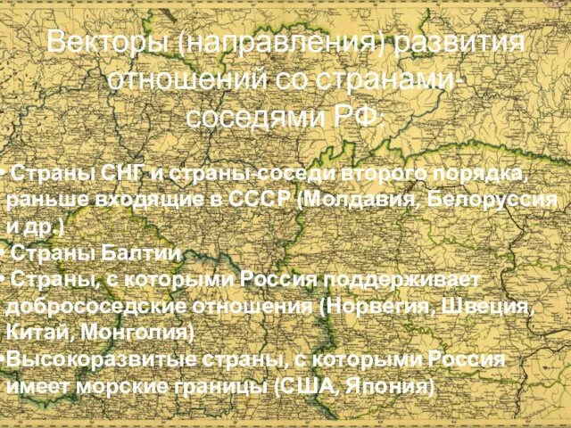 Векторы (направления) развития отношений со странами- соседями РФ: Страны СНГ и