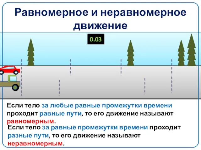 Равномерное и неравномерное движение 0.00 0.01 0.02 0.03 Если тело за