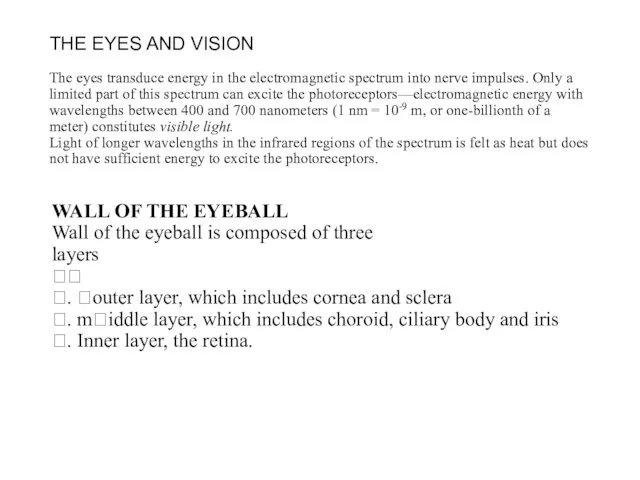 THE EYES AND VISION The eyes transduce energy in the electromagnetic