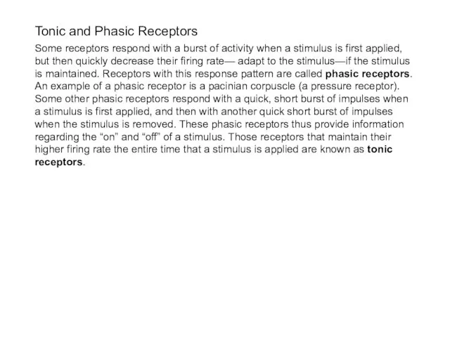 Tonic and Phasic Receptors Some receptors respond with a burst of