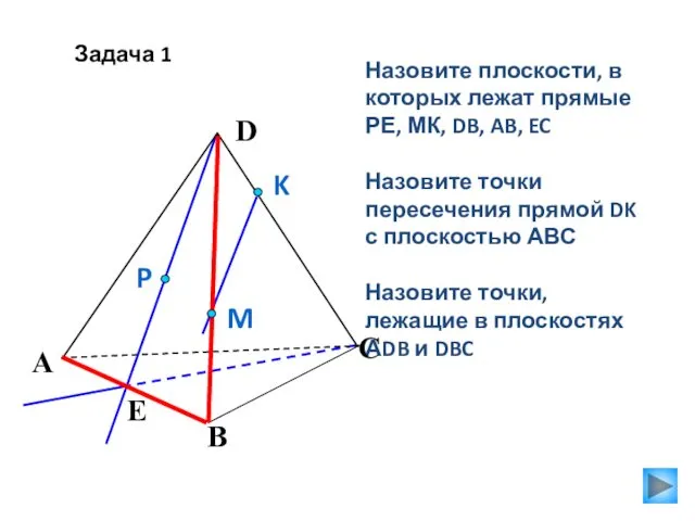 Задача 1 Назовите плоскости, в которых лежат прямые РЕ, МК, DB,