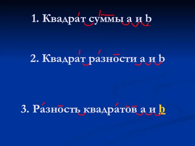 1. Квадрат суммы a и b 2. Квадрат разности a и