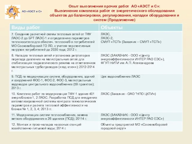 Опыт выполнения прочих работ АО «АЭСТ и С»: Выполнение комплекса работ