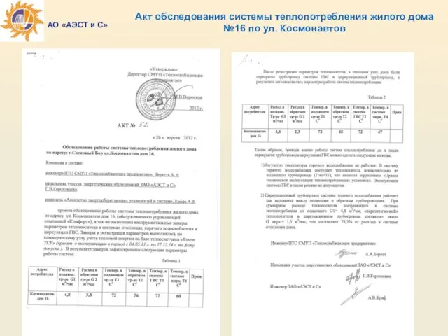 Акт обследования системы теплопотребления жилого дома №16 по ул. Космонавтов АО «АЭСТ и С»