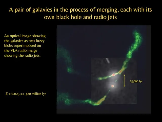 A pair of galaxies in the process of merging, each with