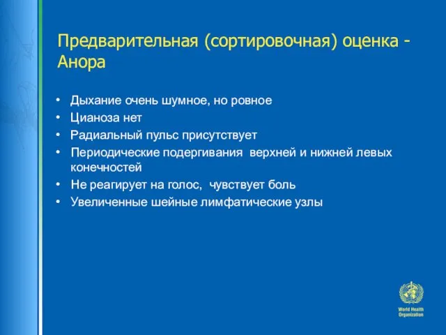 Предварительная (сортировочная) оценка - Анора Дыхание очень шумное, но ровное Цианоза