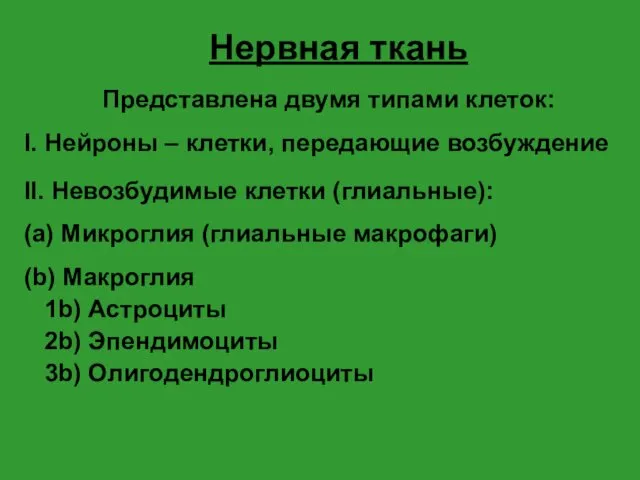 Нервная ткань Представлена двумя типами клеток: I. Нейроны – клетки, передающие