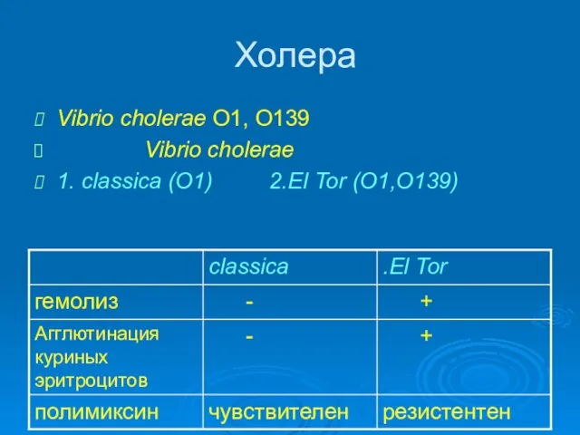 Холера Vibrio cholerae O1, O139 Vibrio cholerae 1. classica (O1) 2.El Tor (O1,O139)