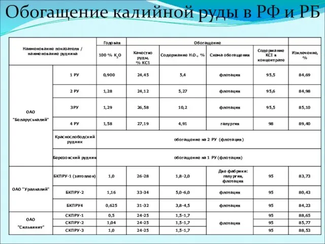 Обогащение калийной руды в РФ и РБ
