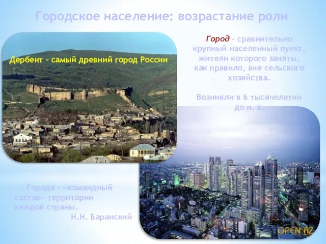 Городское население: возрастание роли Города – «командный состав» территории каждой страны.