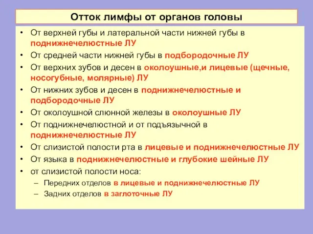 От верхней губы и латеральной части нижней губы в поднижнечелюстные ЛУ