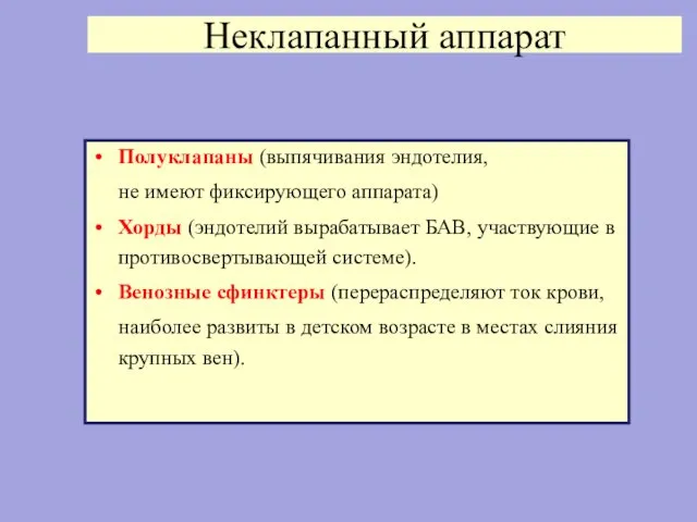 Неклапанный аппарат Полуклапаны (выпячивания эндотелия, не имеют фиксирующего аппарата) Хорды (эндотелий