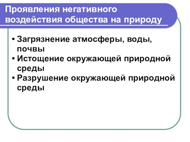 Проявления негативного воздействия общества на природу Загрязнение атмосферы, воды, почвы Истощение