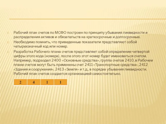 Рабочий план счетов по МСФО построен по принципу убывания ликвидности и