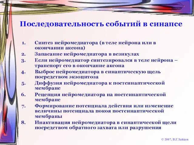 Последовательность событий в синапсе © 2007, В.Г.Зайцев Синтез нейромедиатора (в теле