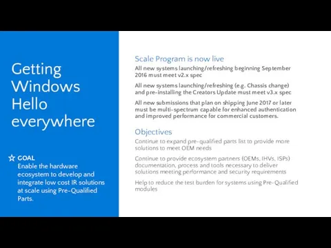 Getting Windows Hello everywhere GOAL Enable the hardware ecosystem to develop