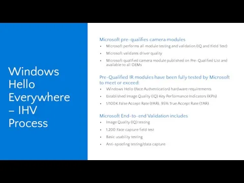 Windows Hello Everywhere – IHV Process Microsoft pre-qualifies camera modules Microsoft