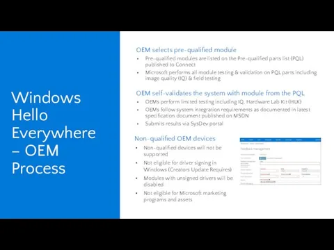 Windows Hello Everywhere – OEM Process OEM selects pre-qualified module Pre-qualified