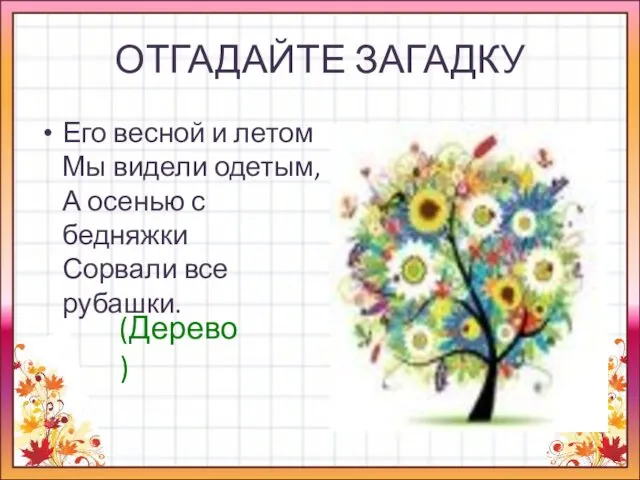 ОТГАДАЙТЕ ЗАГАДКУ Его весной и летом Мы видели одетым, А осенью