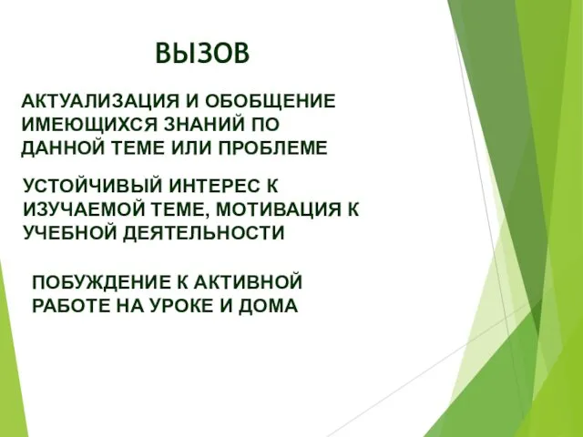 ВЫЗОВ АКТУАЛИЗАЦИЯ И ОБОБЩЕНИЕ ИМЕЮЩИХСЯ ЗНАНИЙ ПО ДАННОЙ ТЕМЕ ИЛИ ПРОБЛЕМЕ