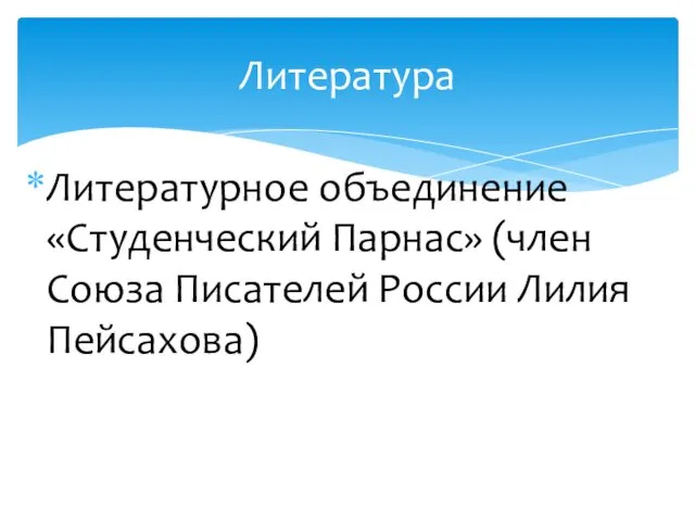 Литературное объединение «Студенческий Парнас» (член Союза Писателей России Лилия Пейсахова) Литература