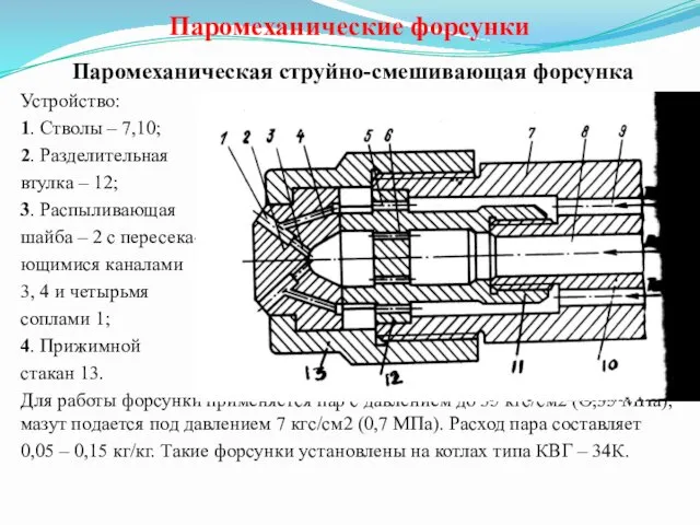 Паромеханические форсунки Паромеханическая струйно-смешивающая форсунка Устройство: 1. Стволы – 7,10; 2.