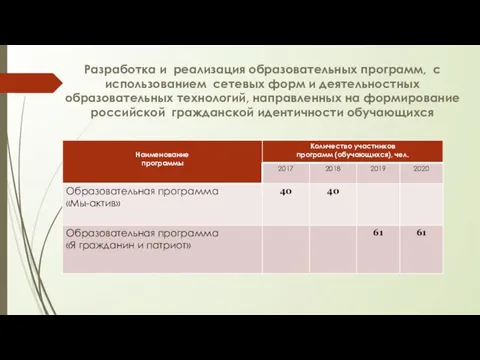 Разработка и реализация образовательных программ, с использованием сетевых форм и деятельностных