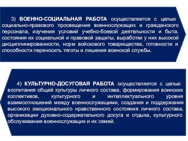 3) ВОЕННО-СОЦИАЛЬНАЯ РАБОТА осуществляется с целью социально-правового просвещения военнослужащих и гражданского