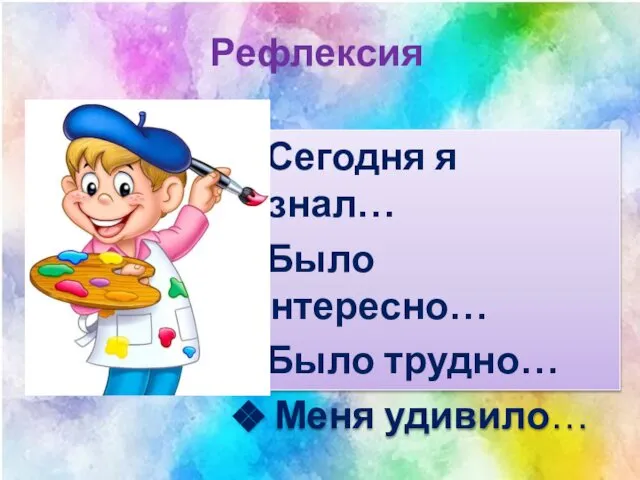 Рефлексия Сегодня я узнал… Было интересно… Было трудно… Меня удивило…