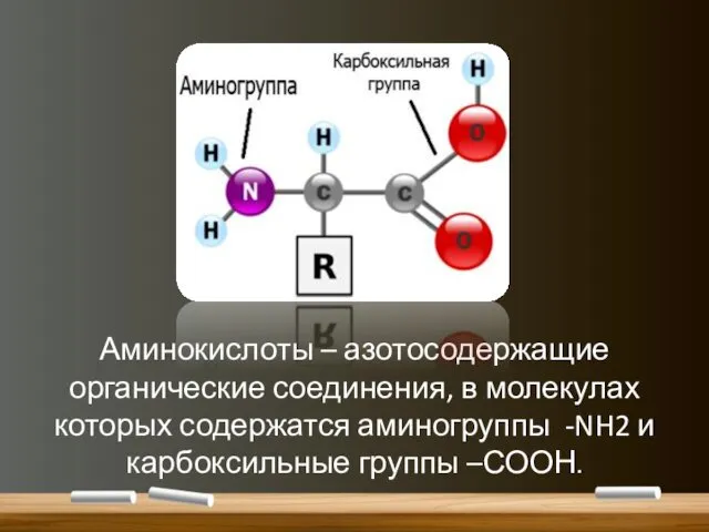 Аминокислоты – азотосодержащие органические соединения, в молекулах которых содержатся аминогруппы -NH2 и карбоксильные группы –СООН.