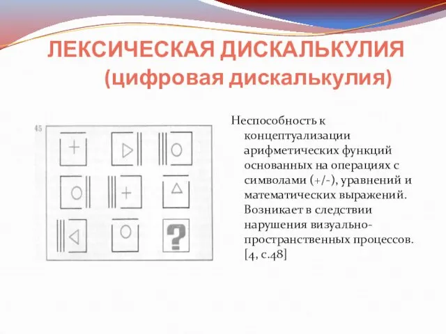 ЛЕКСИЧЕСКАЯ ДИСКАЛЬКУЛИЯ (цифровая дискалькулия) Неспособность к концептуализации арифметических функций основанных на