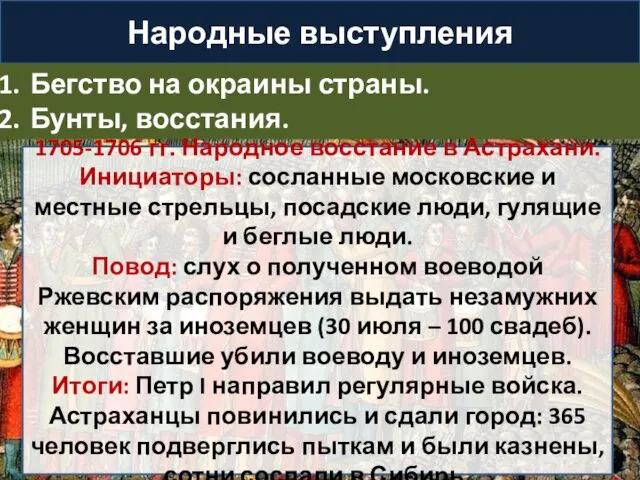 Народные выступления Бегство на окраины страны. Бунты, восстания. 1705-1706 гг. Народное