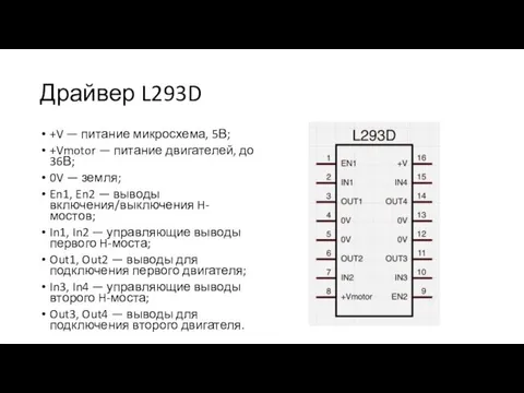 Драйвер L293D +V — питание микросхема, 5В; +Vmotor — питание двигателей,