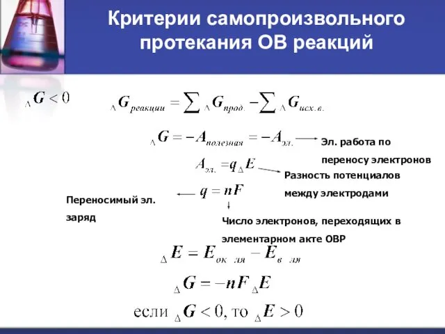 Критерии самопроизвольного протекания ОВ реакций