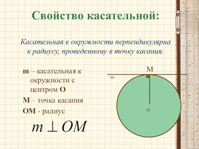 Свойство касательной: Касательная к окружности перпендикулярна к радиусу, проведенному в точку