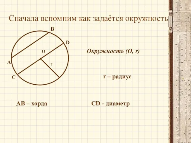 О Сначала вспомним как задаётся окружность Окружность (О, r) r –