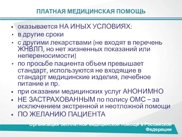 ПЛАТНАЯ МЕДИЦИНСКАЯ ПОМОЩЬ Организация бесплатной медицинской помощи в Российской Федерации оказывается