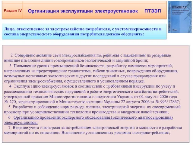 Организация эксплуатации электроустановок ПТЭЭП Раздел IV Лицо, ответственное за электрохозяйство потребителя,