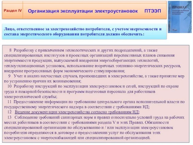 Организация эксплуатации электроустановок ПТЭЭП Раздел IV Лицо, ответственное за электрохозяйство потребителя,