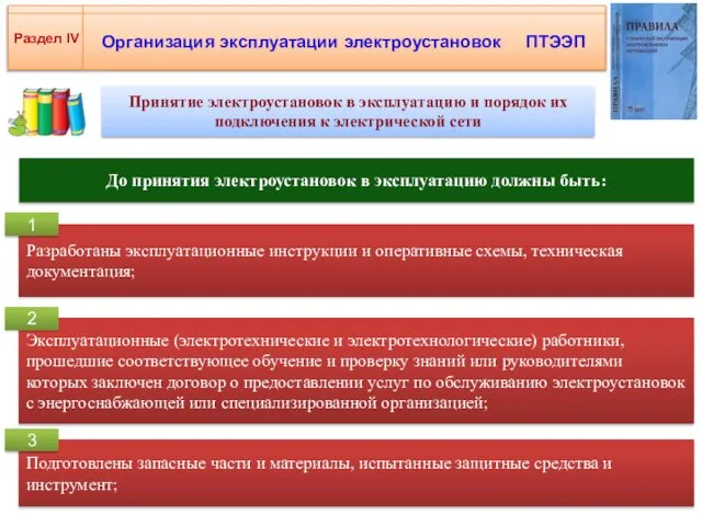 Организация эксплуатации электроустановок ПТЭЭП Раздел IV Принятие электроустановок в эксплуатацию и