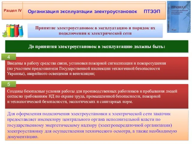 Организация эксплуатации электроустановок ПТЭЭП Раздел IV Принятие электроустановок в эксплуатацию и