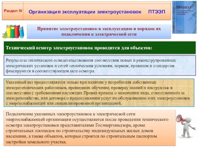 Организация эксплуатации электроустановок ПТЭЭП Раздел IV Принятие электроустановок в эксплуатацию и