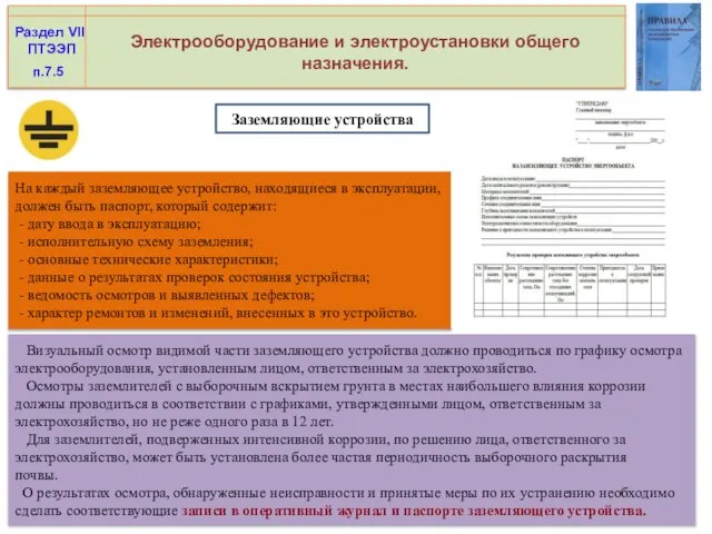 Электрооборудование и электроустановки общего назначения. Раздел VII ПТЭЭП На каждый заземляющее