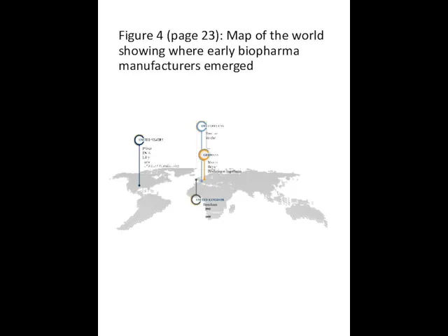 Figure 4 (page 23): Map of the world showing where early biopharma manufacturers emerged