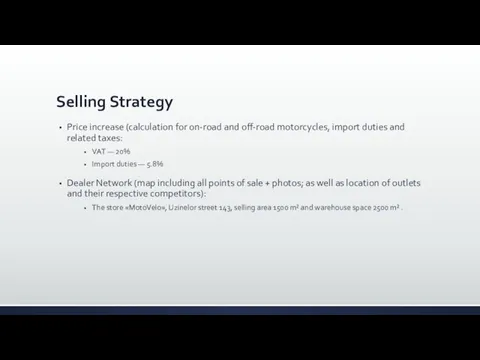 Selling Strategy Price increase (calculation for on-road and off-road motorcycles, import