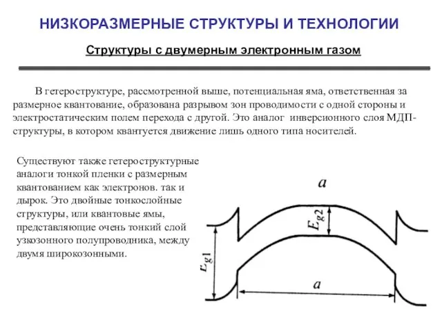 НИЗКОРАЗМЕРНЫЕ СТРУКТУРЫ И ТЕХНОЛОГИИ Структуры с двумерным электронным газом В гетероструктуре,